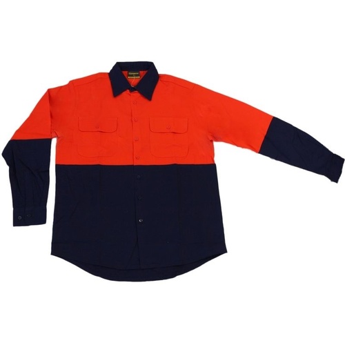 Hi Vis Safety Work Wear 100% Cotton Work Button Up Long Sleeve Shirt [Colour: Fluro Orange] [Size: 2XL] 