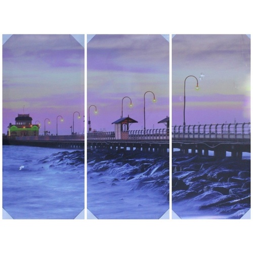  Pier Beach House Jetty Sunset  Seaside Wall Decor Canvas Print on Frame 3 in 1