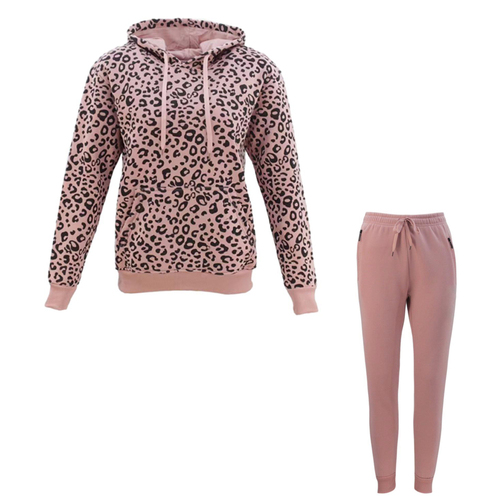 FIL Women's Tracksuit 2pc Set Hoodie Track Pants Loungewear Leopard Print [Size: 8] [Colour: Dusty Pink]