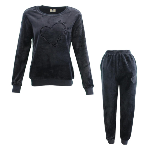 FIL Women's Plush 2pc Set Loungewear Soft Fleece Sleepwear Pajamas PJs - Heart [Size: 10] [Colour: Black]