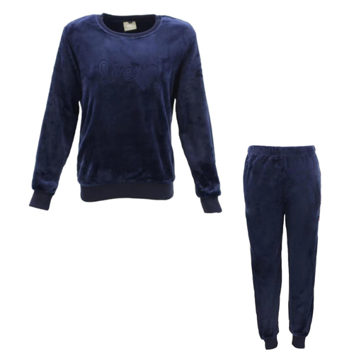 FIL Women's Plush 2pc Set Loungewear Soft Fleece Sleepwear Pajamas PJs - Love [Size: 8] [Colour: Navy]