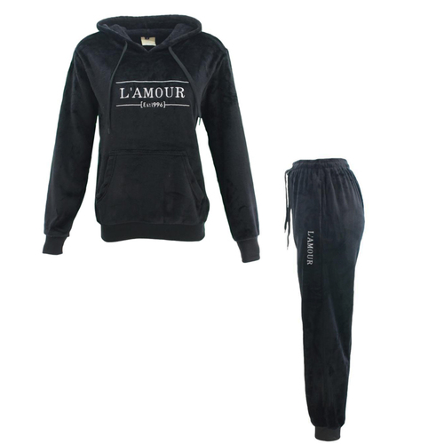 FIL Women's Plush 2pc Set Hoodie Loungewear Fleece Sleepwear Pajamas PJs L'AMOUR [Size: 8] [Colour: Black]