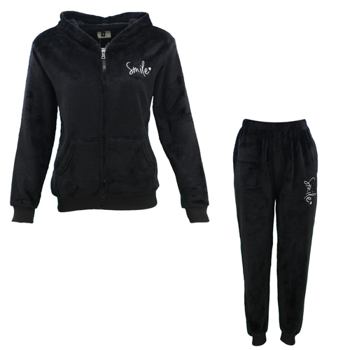 FIL Women's Zip 2pc Set Hoodie Loungewear Fleece Sleepwear Pajamas PJs - Smile [Size: 8] [Colour: Black]