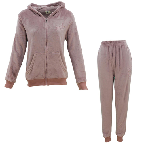 FIL Women's Zip 2pc Set Hoodie Loungewear Fleece Sleepwear Pajamas PJs - Smile [Size: 8] [Colour: Dusty Pink]