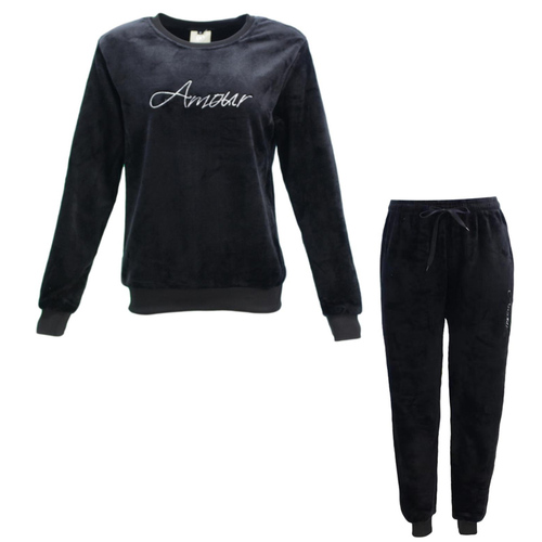 FIL Women's Plush 2pc Set Loungewear Soft Fleece Sleepwear Pajamas PJs - Amour [Size: 10] [Colour: Black]