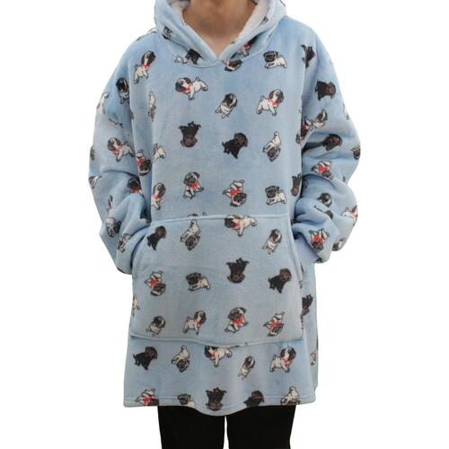 FIL Oversized Hoodie Blanket Plush Warm Big Fleece Soft Winter Pullover [Colour: Blue with Pugs]