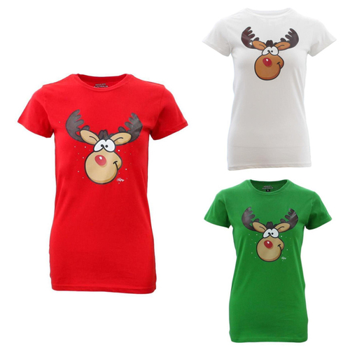 Womens Christmas Funny Tee Xmas Santa Tops Ladies 100% Cotton T Shirt Fit [Design: Xmas Reindeer] [Colour: Red] [Size: XS]