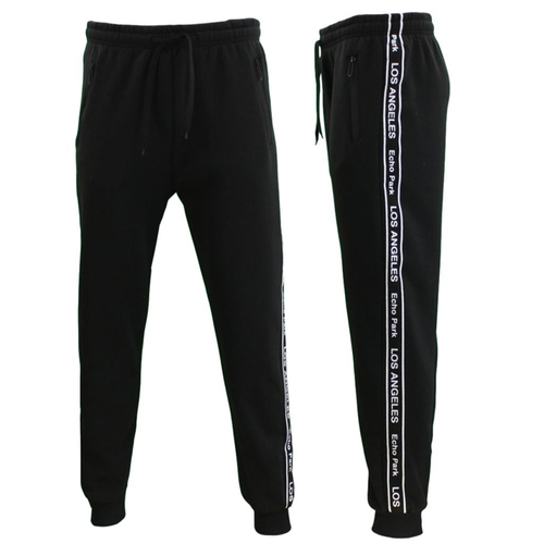 FIL Mens Fleece Track Pants Casual Tracksuit Zipped Pockets Stripped LOS ANGELES [Size: 2XL] [Colour: Black]