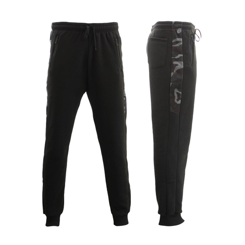 Men’s Cuffed Fleece Track Pants w Camo Strip  Zip Pockets Jogger Sweatpants [Size: S] [Design: Black]