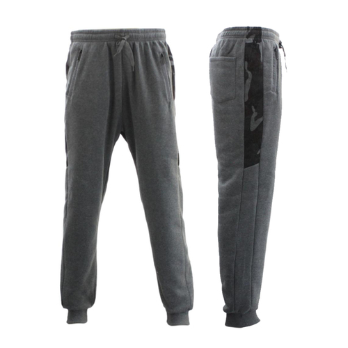 Men’s Cuffed Fleece Track Pants w Camo Strip  Zip Pockets Jogger Sweatpants [Size: S] [Design: Dark Grey]