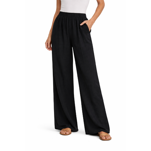 Bella Vie Womens Wide Leg Pants Elastic Waist Linen Blend Casual Trousers [Size: 8] [Design:Black]