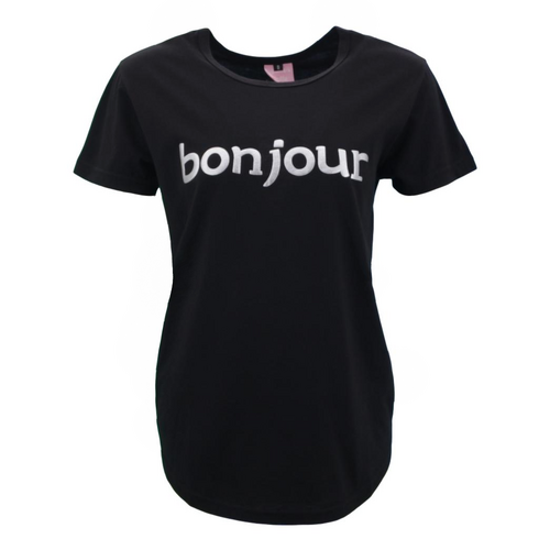 FIL Women's Casual Summer T-Shirt Tee Short Sleeve Crew Neck - bonjour [Size: 8] [Colour: Black]