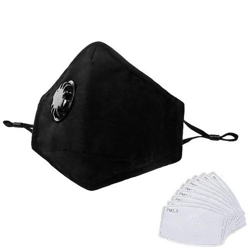 [Black Mask + 2 Filters] Washable Cloth Face Mask 3 Layers w Filters Reusable Mask Valve