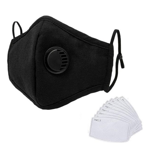 [Black Mask + 2 Filters] Washable Cotton Face Mask w Filters Reusable Cloth Mask Valve