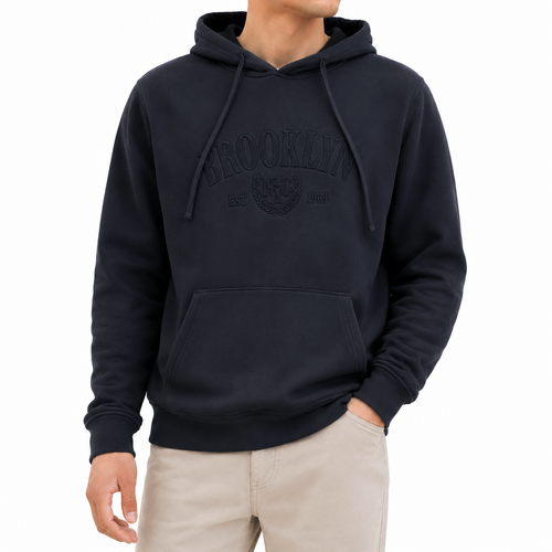 Men's Heavyweight Hoodie 400gsm Fleece Jumper Pullover Embossed - Brooklyn [Size: S] [Colour: Black]