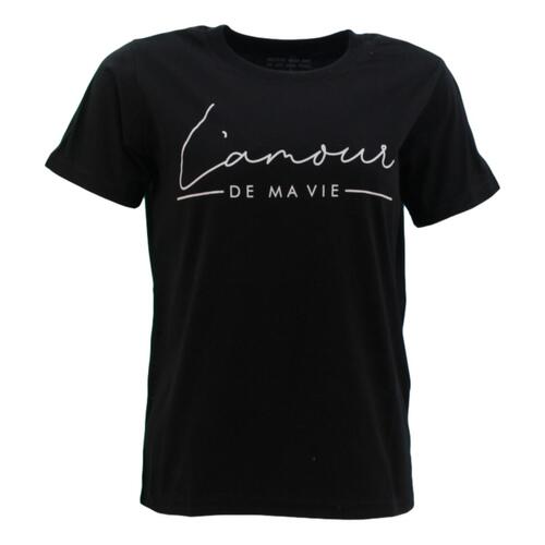 Women's Casual Summer T-Shirt Tee Short Sleeve Crew Neck - L'amour [Size: 8] [Colour: Black]