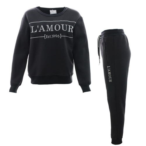 FIL Women's Fleece Tracksuit 2pc Set Loungewear Jumper Embroidered L'Amour B [Size: 10] [Colour: Black]