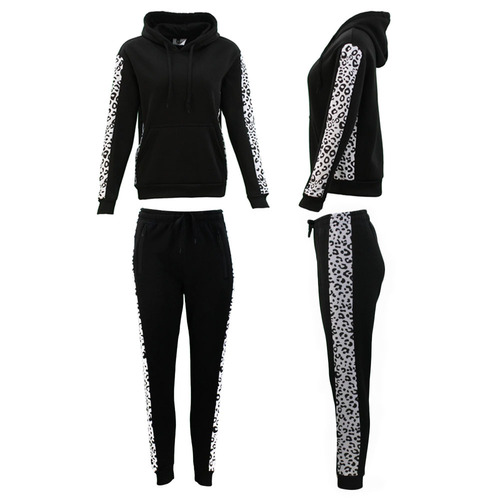 FIL Women's Tracksuit 2pc Set Hoodie Track Pants Loungewear Leopard Stripe [Size: 10] [Colour: Black]