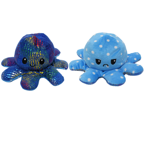 Double-Sided Flip Reversible Emotions Octopus Animal Plush Stuffed Sensory Fidget Toy [Design: Octopus Sequin Blue/Polka Dot]
