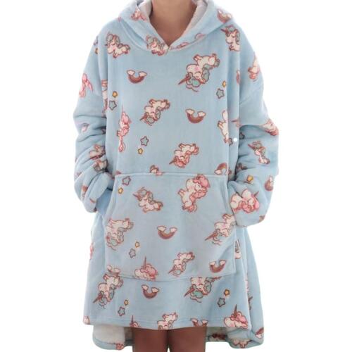 FIL Oversized Hoodie Blanket Plush Warm Big Fleece Soft Winter Pullover  [Design: Blue with Unicorns]