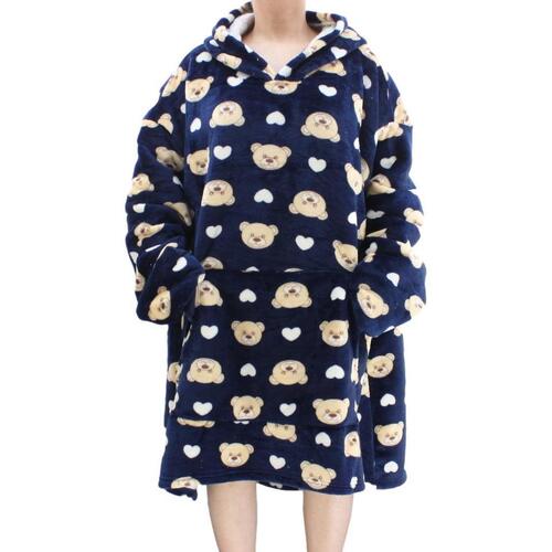 FIL Oversized Hoodie Blanket Plush Warm Big Fleece Soft Winter Pullover  [Design: Navy with Bears]