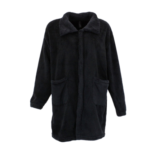 FIL Women's Fleece Zip Up Night Dressing Gown Bed Jacket Loungewear Pajamas [Size: S] [Colour: Black]