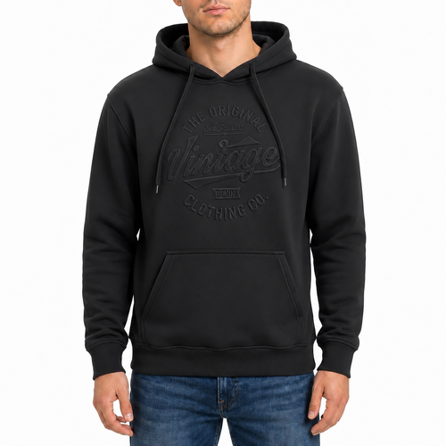 FIL Men's Fleece Hoodie Pullover Hooded Jumper Sweater Embossed - Vintage [Size: S] [Colour: Black]