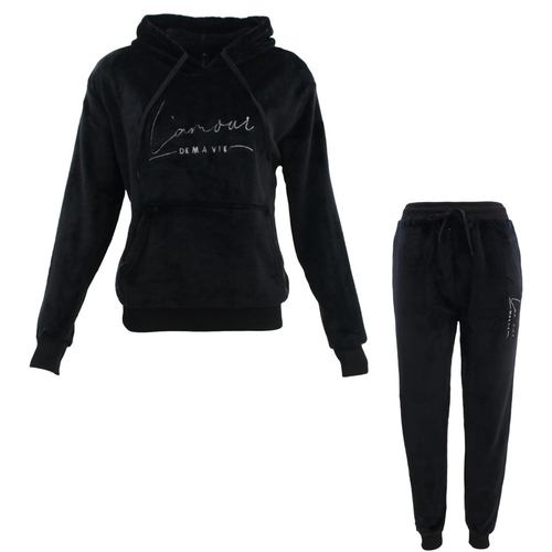 FIL Women's 2pc Set Hoodie Loungewear Velvet Fleece Pajamas PJs - L'amour - [Size: 8] [Black]