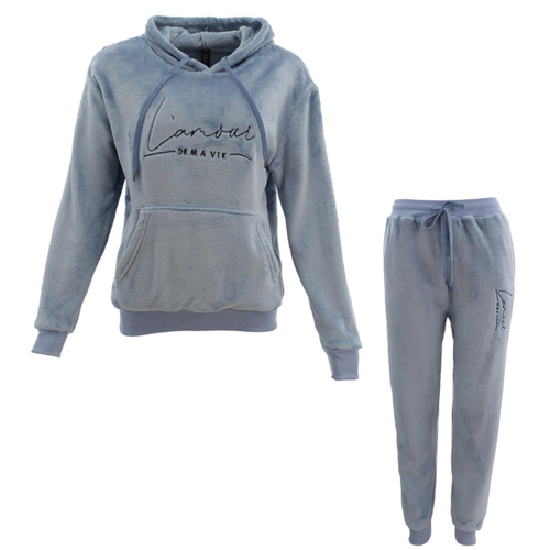 FIL Women's 2pc Set Hoodie Loungewear Velvet Fleece Pajamas PJs - L'amour - [Size: 8] [Dusty Blue]