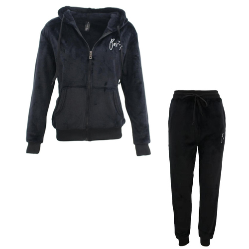 FIL Women's Zip 2pc Set Hoodie Loungewear Velvet Fleece Pajamas PJs - Paris - [Size: 8] [Black]