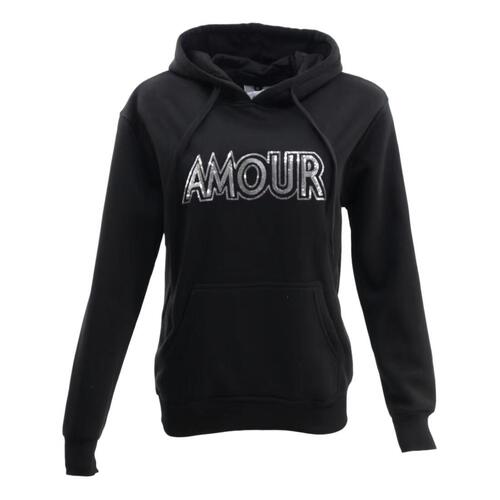 FIL Women's Fleece Hoodie Hooded Jumper Pullover w Sequins - AMOUR [Size: 8] [Colour: Black]