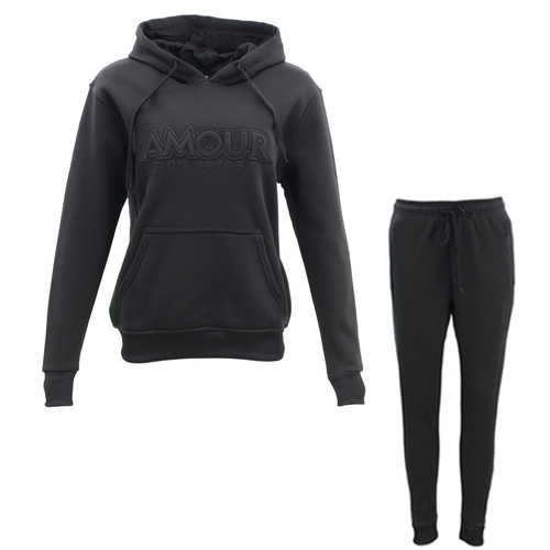 FIL Women's Embossed Fleece Tracksuit 2pc Set Hoodie Track Pants - AMOUR [Size: 10] [Colour: Black]