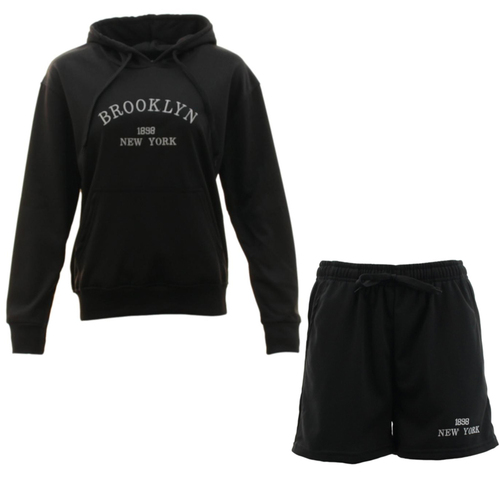 Women's Casual Loungewear Embroidered Hoodie & Shorts Set - BROOKLYN 1898 [Size: M] [Colour: Black]