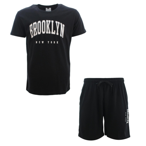 Men's Casual Crew Neck T-shirt & Shorts Set Short Sleeve Tee - BROOKLYN [Size: S] [Colour: Black]