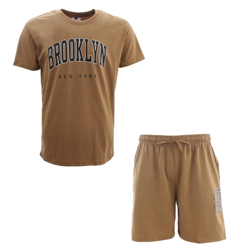 Men's Casual Crew Neck T-shirt & Shorts Set Short Sleeve Tee - BROOKLYN [Size: S] [Colour: Mocha]
