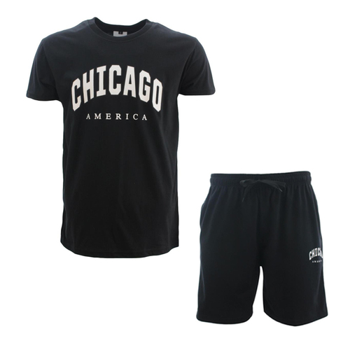 Men's Casual Crew Neck T-shirt & Shorts Set Short Sleeve Tee - CHICAGO [Size: S] [Colour: Black]