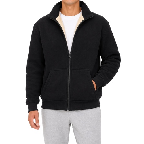 FIL Mens Sherpa Fleece Lined Zip Jacket Warm Winter Full Zip Grey Hoodie Coat [Colour: Black] [Size: S ]