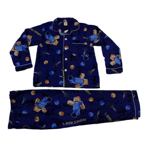 Kids Minecraft 100% Cotton Pyjama Set Boys Long Sleeve PJs Sleepwear Steve [Colour: Navy] [Size: 14 ]