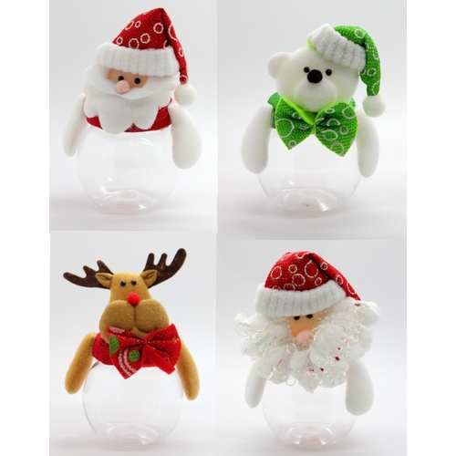 4x Christmas Sml Candy Jar Favour Lolly Gift Box Container Santa Reindeer 7cm