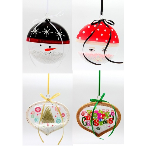 4x Christmas Glass Bauble Hanging Tree Ornament w Snow Santa Snowman Xmas