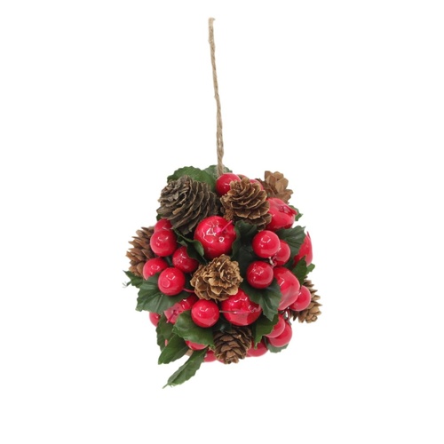 2x Christmas Xmas Ball Red Natural Berry Pine Cone Leaves Hanging Decor