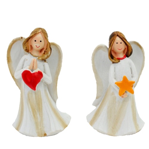 2x Christmas Ceramic Angels Figurine w Heart Star Red White Decoration Display [Design: 2x 8cm (White)]