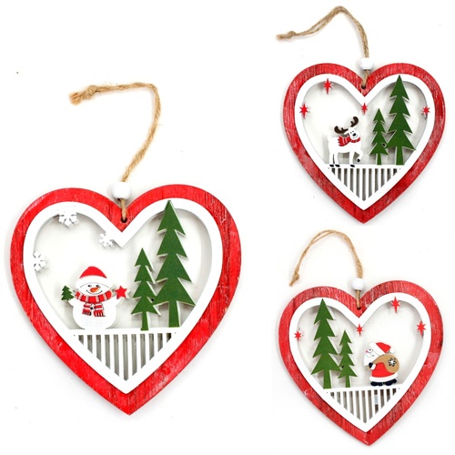 3x Christmas Wooden 3D Heart Hanging Tree Ornament Door Hanger Decoration 12cm