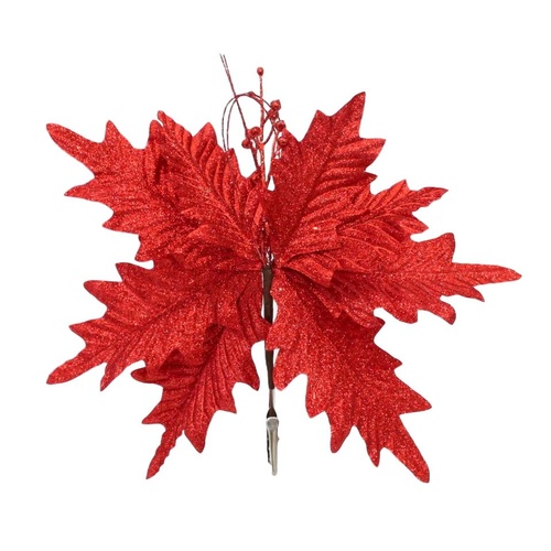 4x Christmas Glitter Berries w Leaves Stem Artificial Floral Decoration Clip On [Colour: Red]