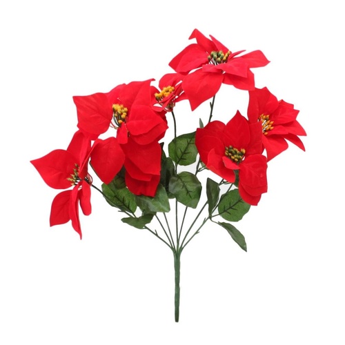 3x Bunches Large Red Christmas Poinsettia Bush Artificial Flowers Plant 50cm  [Design: 7 Flower Heads]