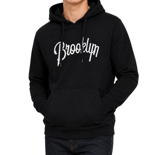 Men's Fleece Hoodie Pullover Hooded Jumper Sweater Embroidered BROOKLYN S to 5XL [Size: S] [Colour: Black]