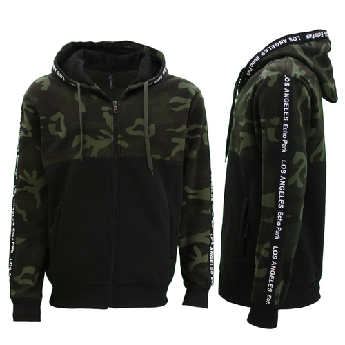 Adult Men's Camo Zip Up Hoodie Fleeced Camouflage Military Print - LOS ANGELES [Size: S] [Colour: Green Camo]
