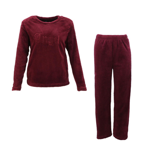 FIL Women's Plush 2pc Set Loungewear Soft Fleece Pajamas PJs Embroidered - Angel [Size: S] [Colour: Burgundy]