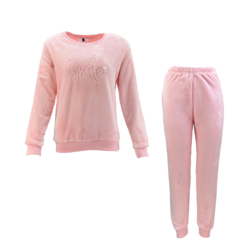 FIL Women's Plush 2pc Set Loungewear Fleece Sleepwear Soft Pajamas PJs - Smile [Size: XL] [Colour: Light Pink]
