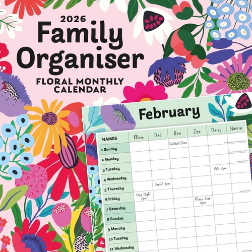 Family Organiser - Floral - 2026 Red Robin Square Wall Calendar Monthly Planner